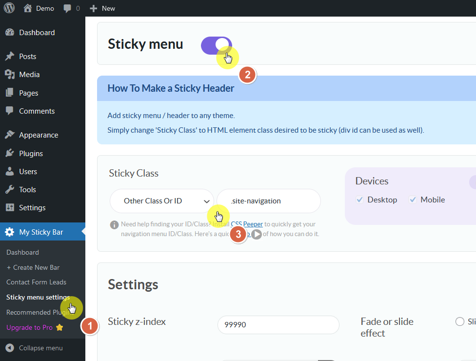 turn on and edit sticky menu settings