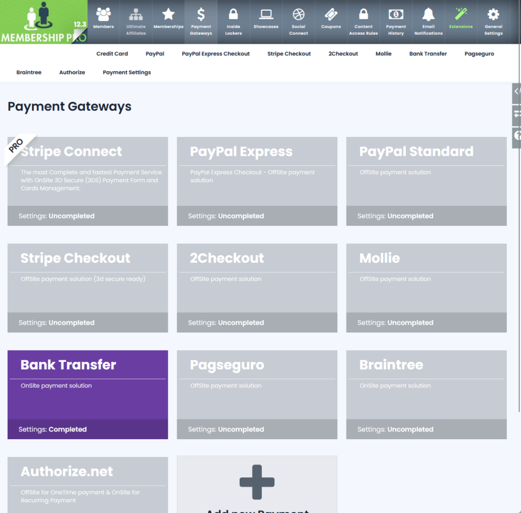 uncompleted payment gateways options in the ultimate membership pro plugin