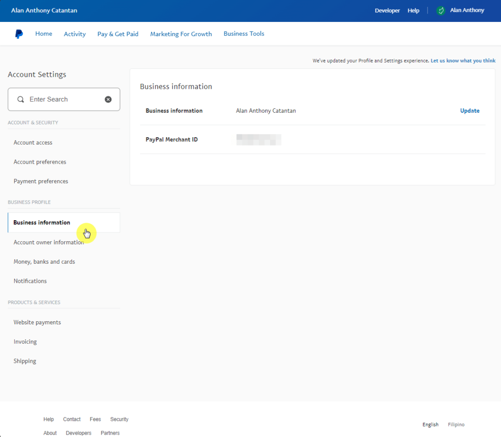 go to your account settings and then to business information