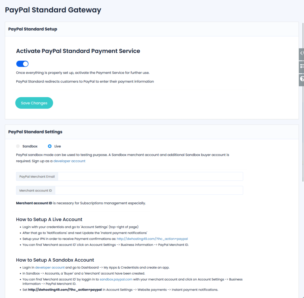 activate paypal standard payment service and settings