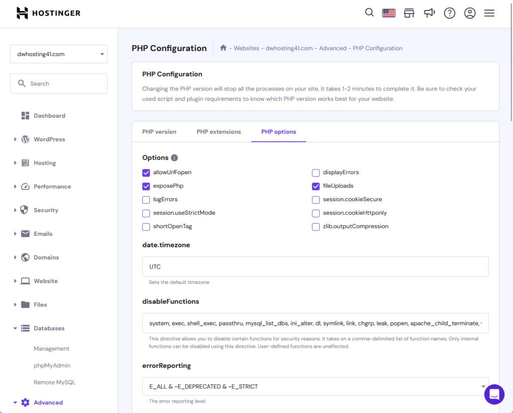 php options inside the hostinger panel