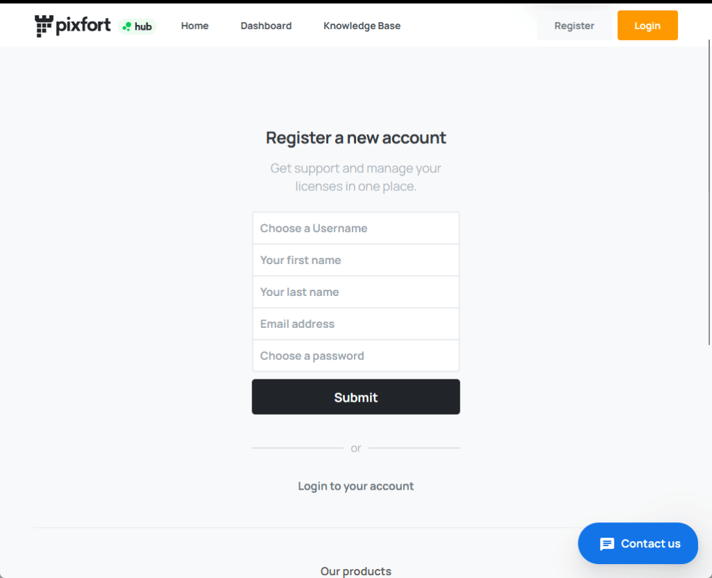 register a new account at pixfort hub