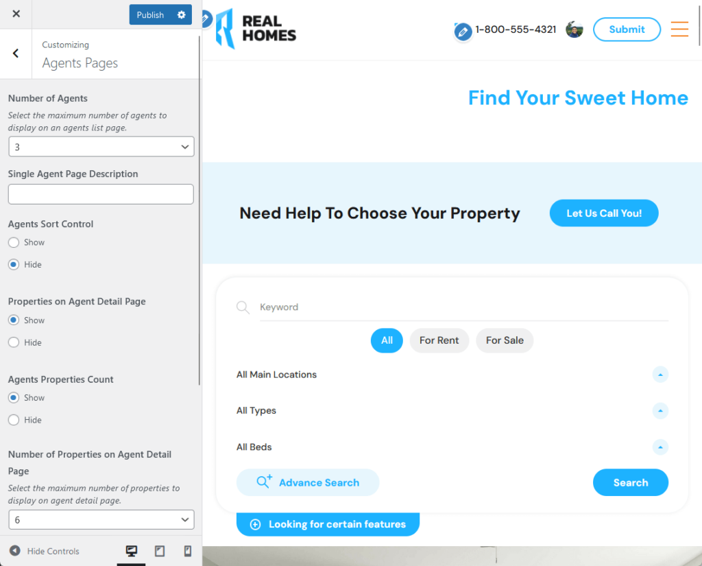 realhomes customizer settings: agents pages