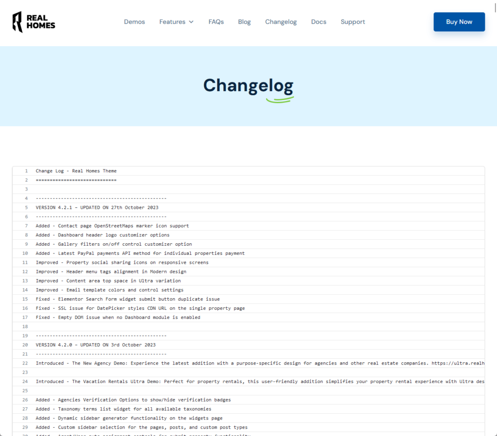 changelog page found on the website of realhomes