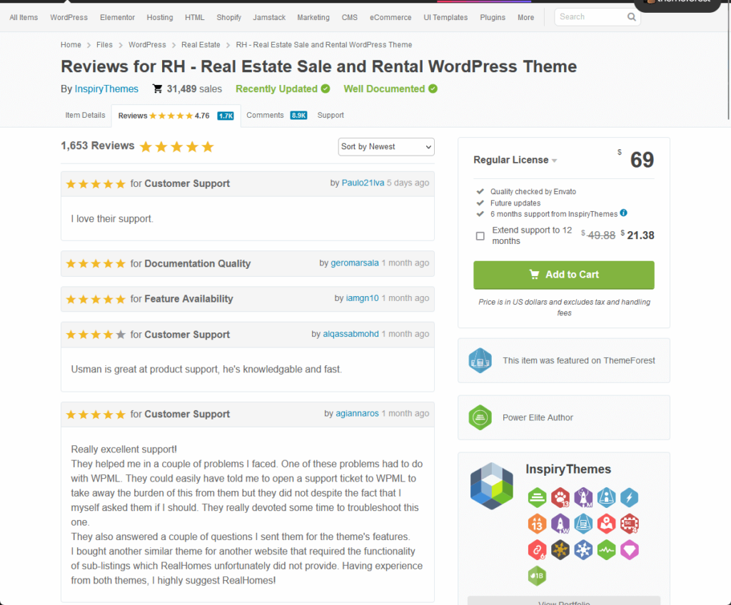 realhomes review on themeforest mentioning their support
