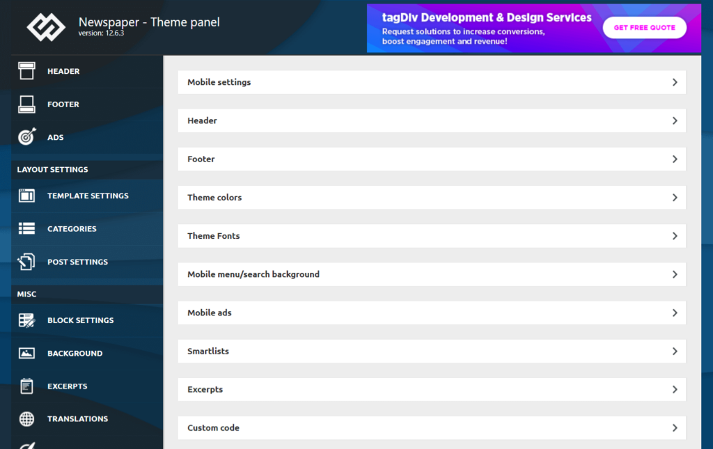 Mobile theme settings