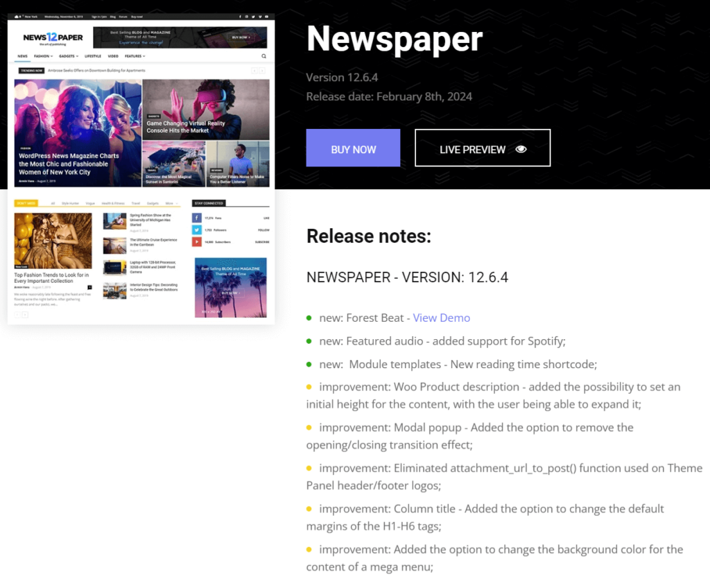 Newspaper theme changelog