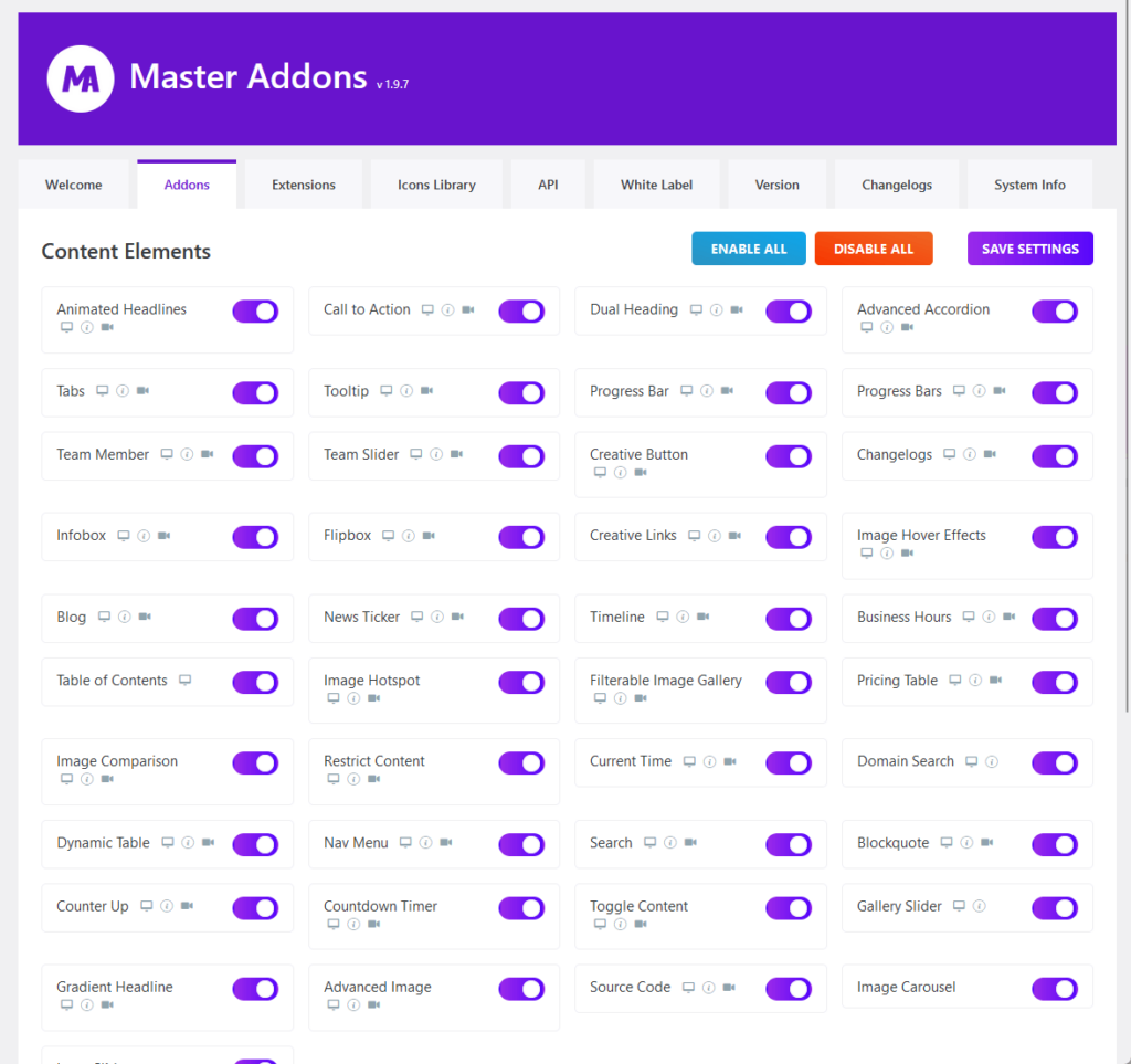 content elements or widgets that master addons offers