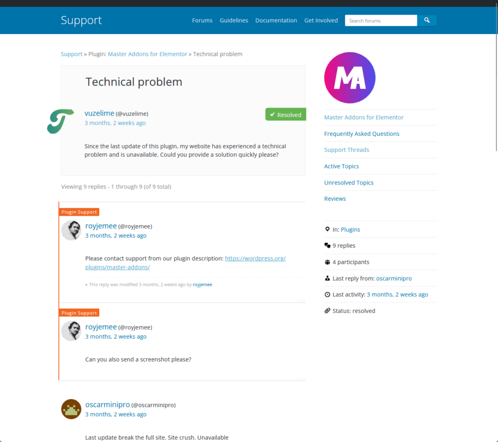 support personnel answering questions about master addons on wordpress support
