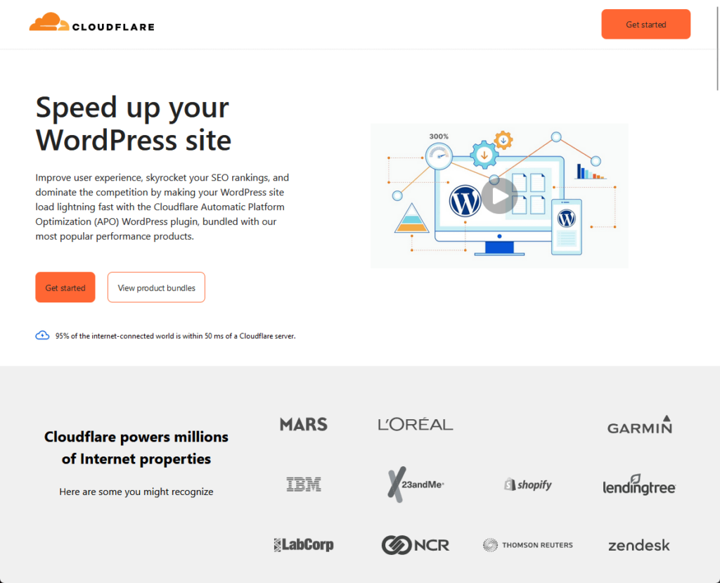 Improve user experience, skyrocket your SEO rankings, and dominate the competition by making your WordPress site load lightning fast with the Cloudflare Automatic Platform Optimization (APO) WordPress plugin, bundled with our most popular performance products.