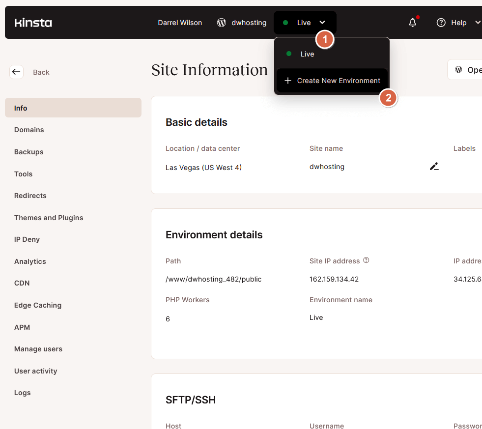 create a new environment option in site information
