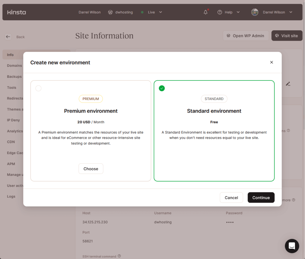environment options in kinsta