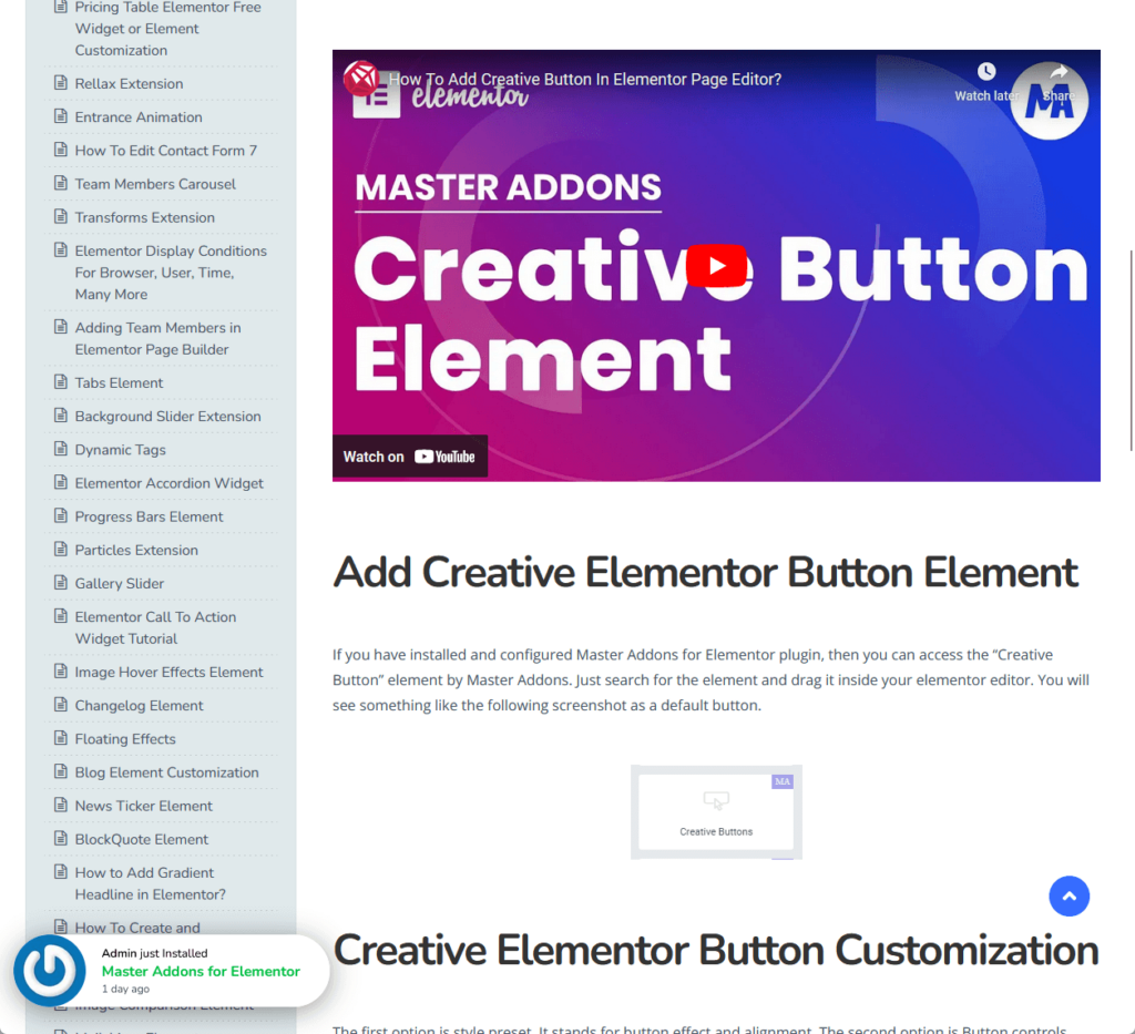 creative button documentation of master addons