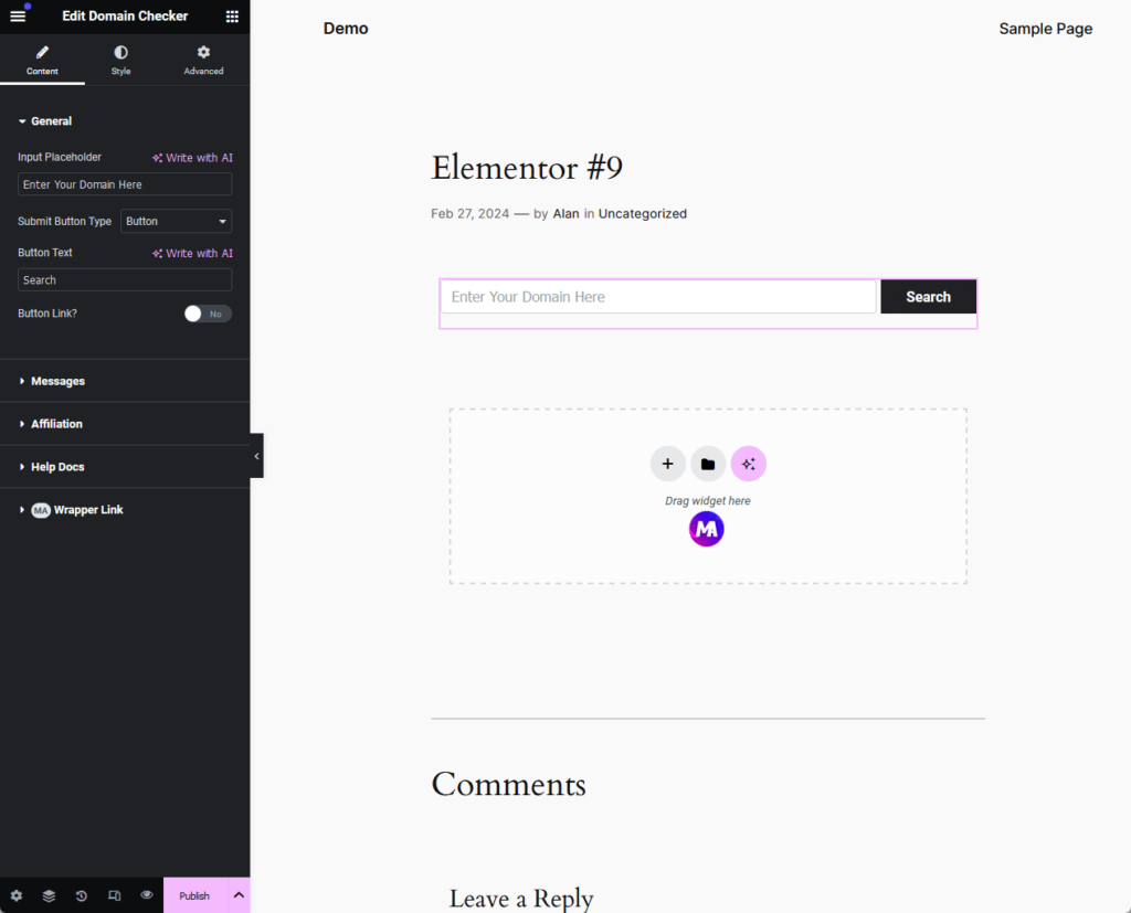 content configuration of the domain checker widget from master addons