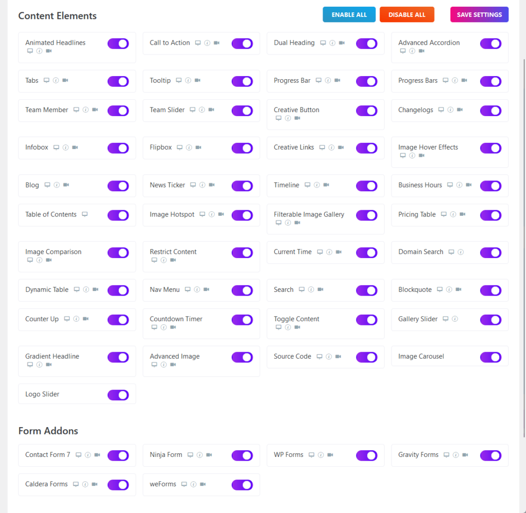 all the content elements available in master addons