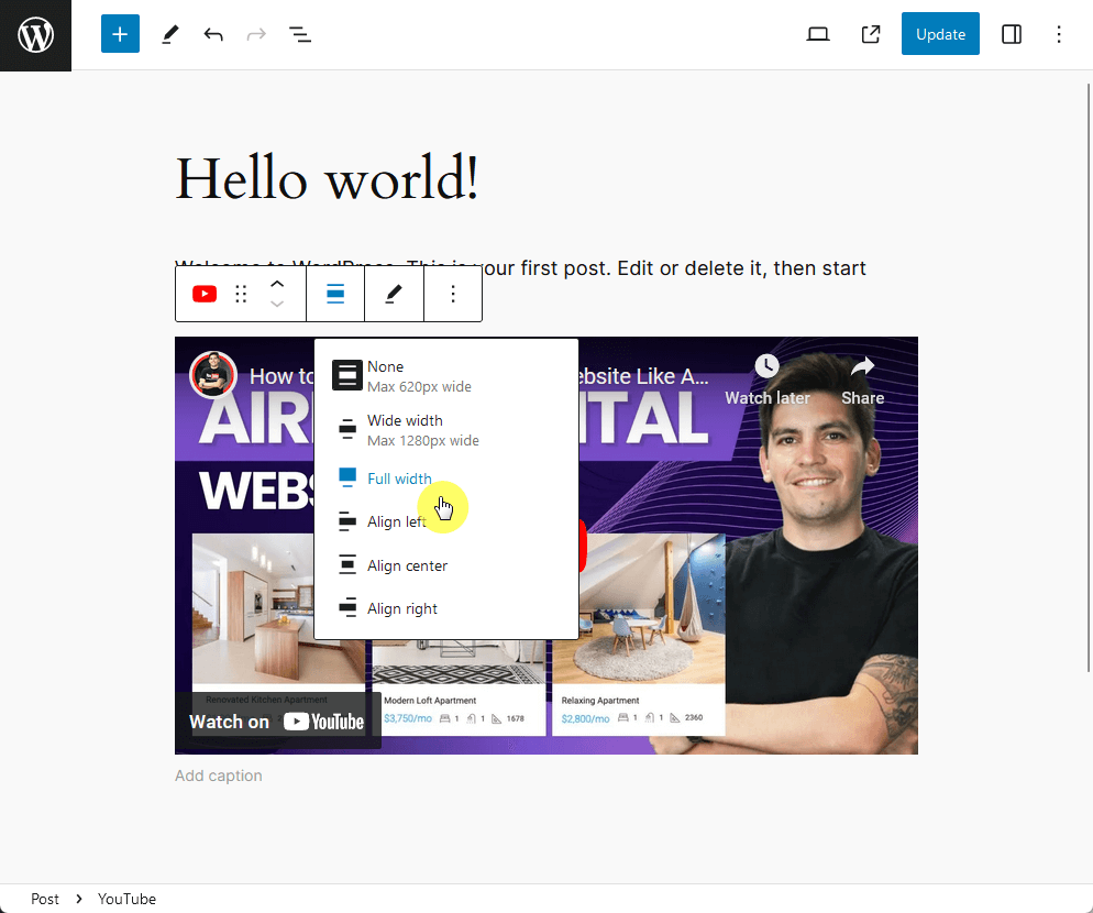 align a youtube video block as full width