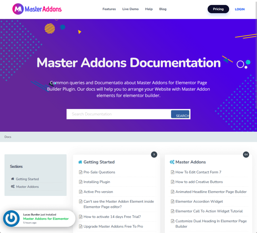 home page of master addons documentation