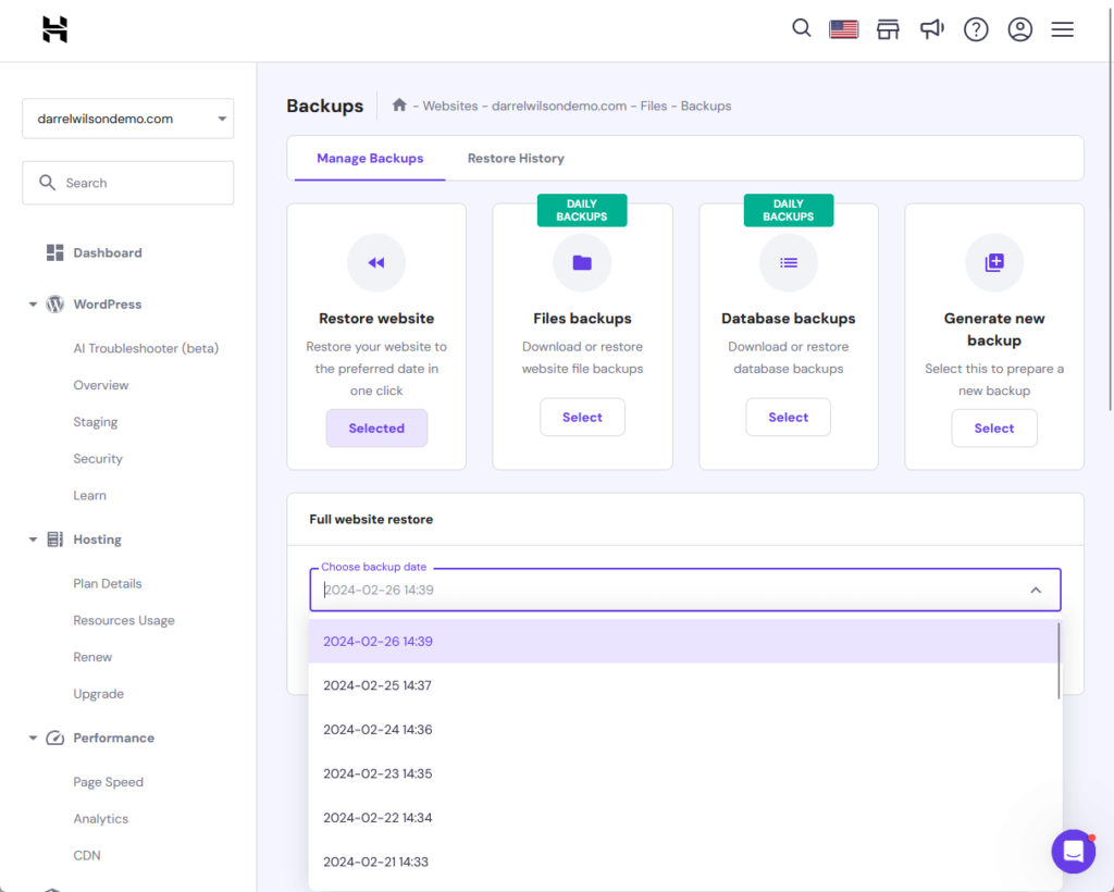 full website restore feature of Hostinger