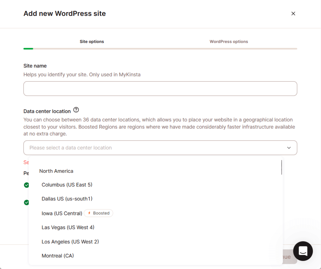 enter the site name and the data center location