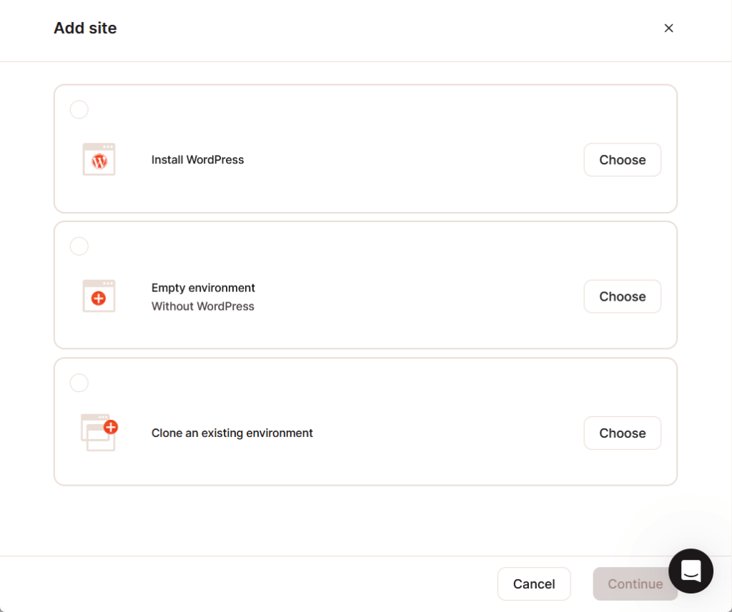 choose from 3 options during kinsta’s website creation