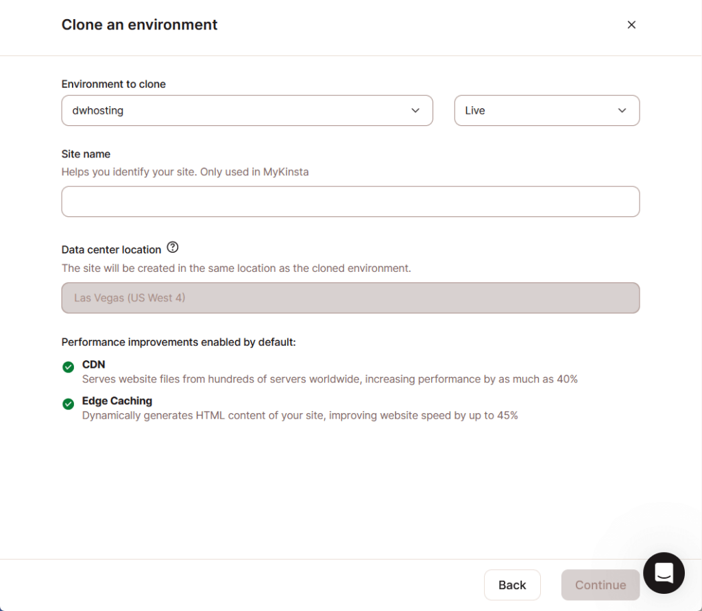 basic site options plus environment to clone option