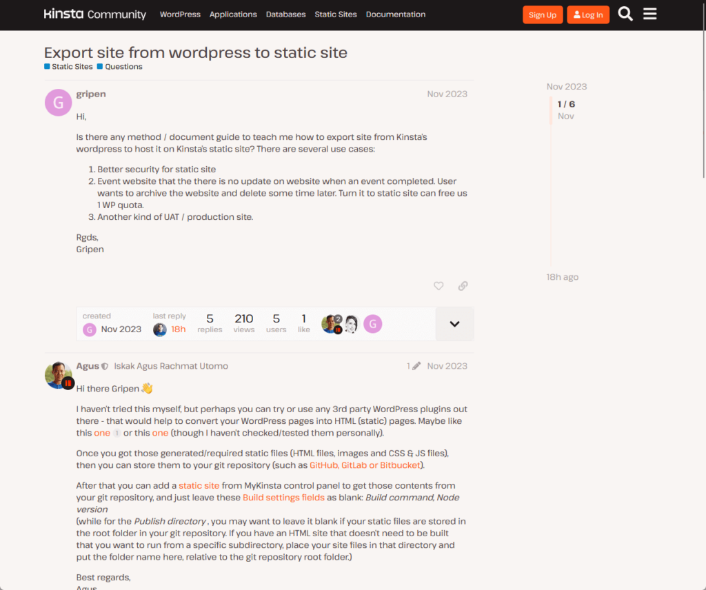 a sample post from the kinsta community