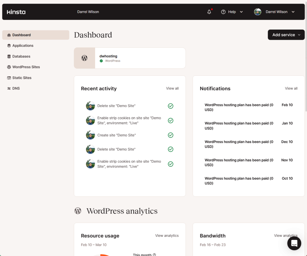 what kinsta’s dashboard looks like