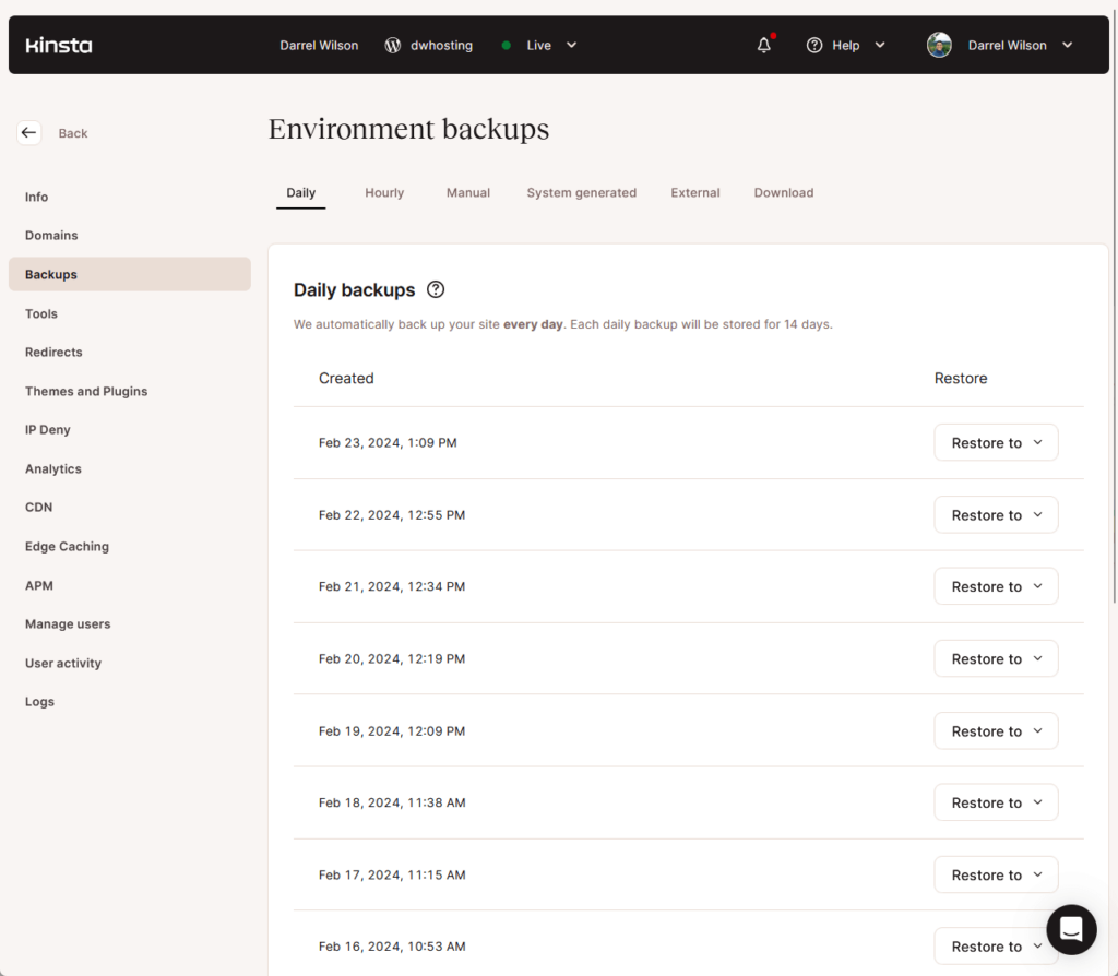 environment backups feature from kinsta