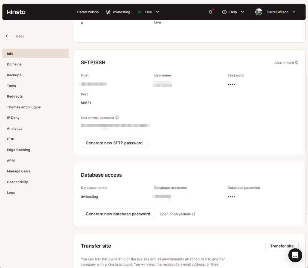 sftp/ssh and database access in the info panel