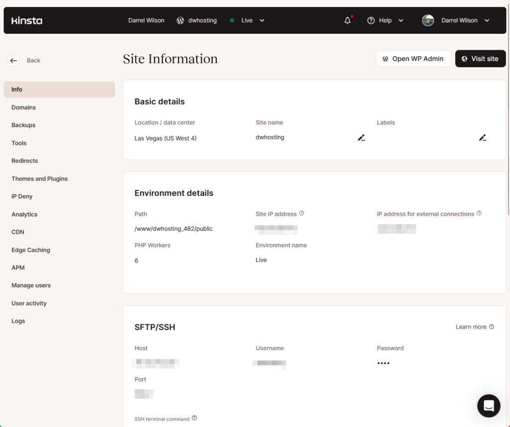 site information of a specific site in kinsta
