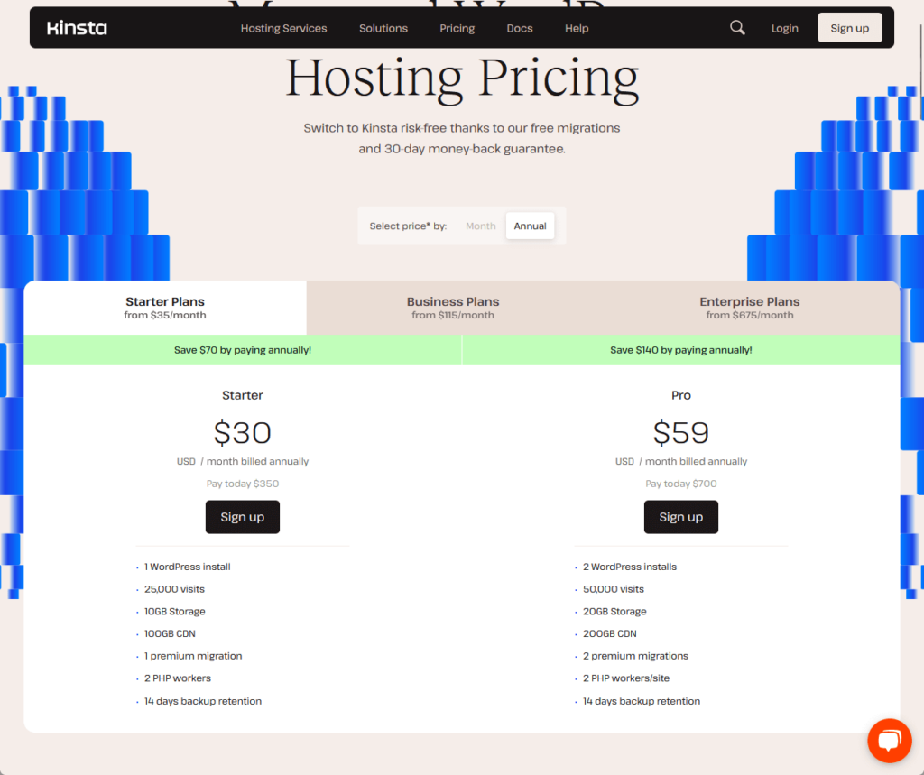 kinsta wordpress web hosting starter plans for managed wordpress hosting