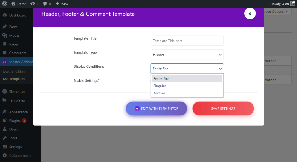 create a header, footer, and comment template with master addons