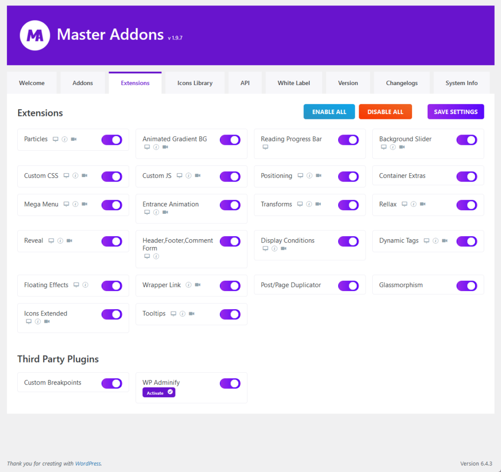 all the available extensions in master addons