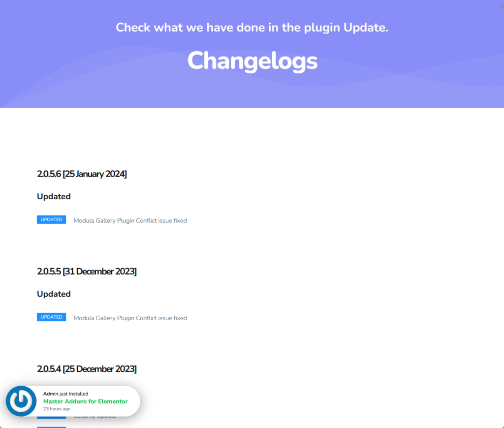 changelog of the master addons plugin as of 2024
