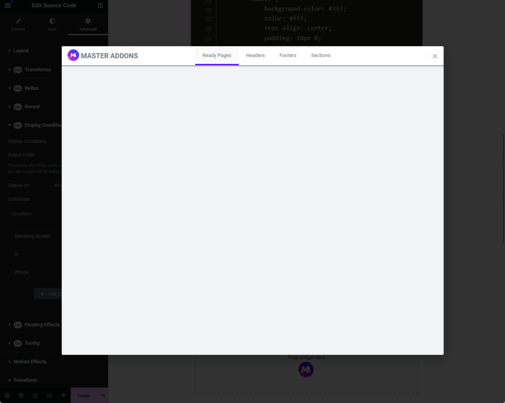 blank page on the ready pages template library master addons
