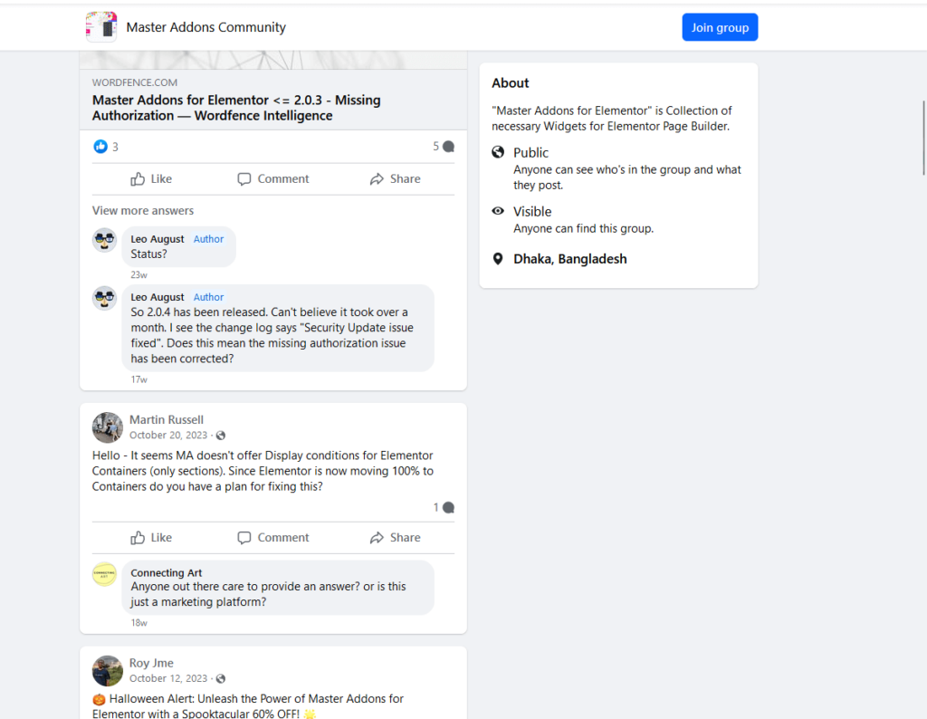 post in the master addons facebook community that are unanswered