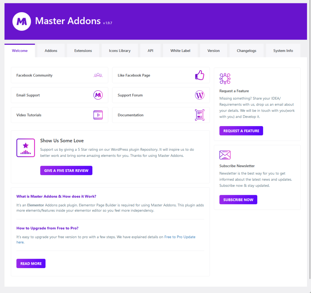 welcome page of the master addons plugin in wordpress
