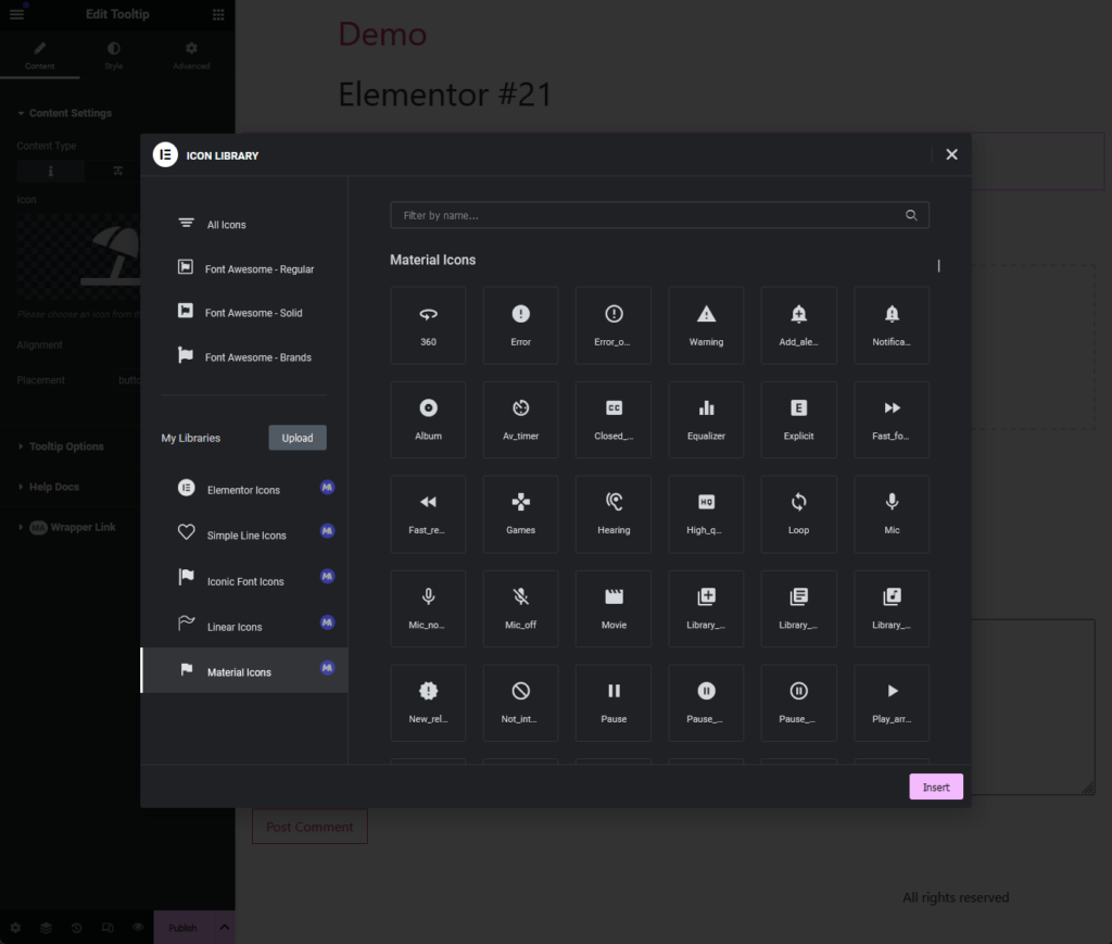 choosing from material icons available in master addons