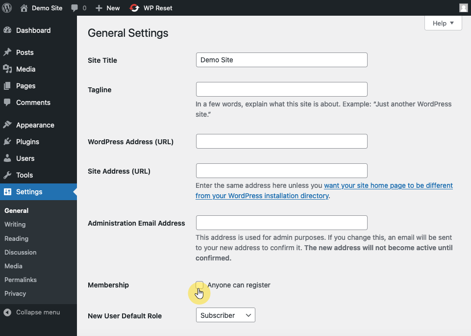 demo wordpress site dashboard settings membership