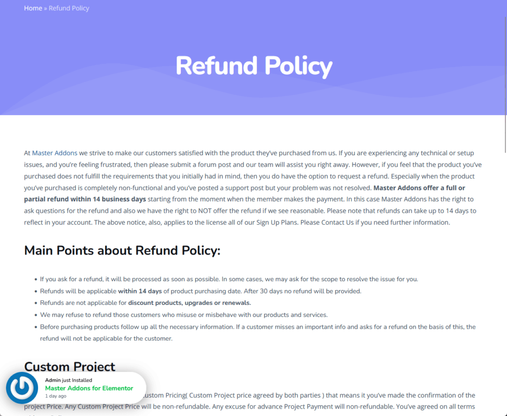 the refund policy page of master addons