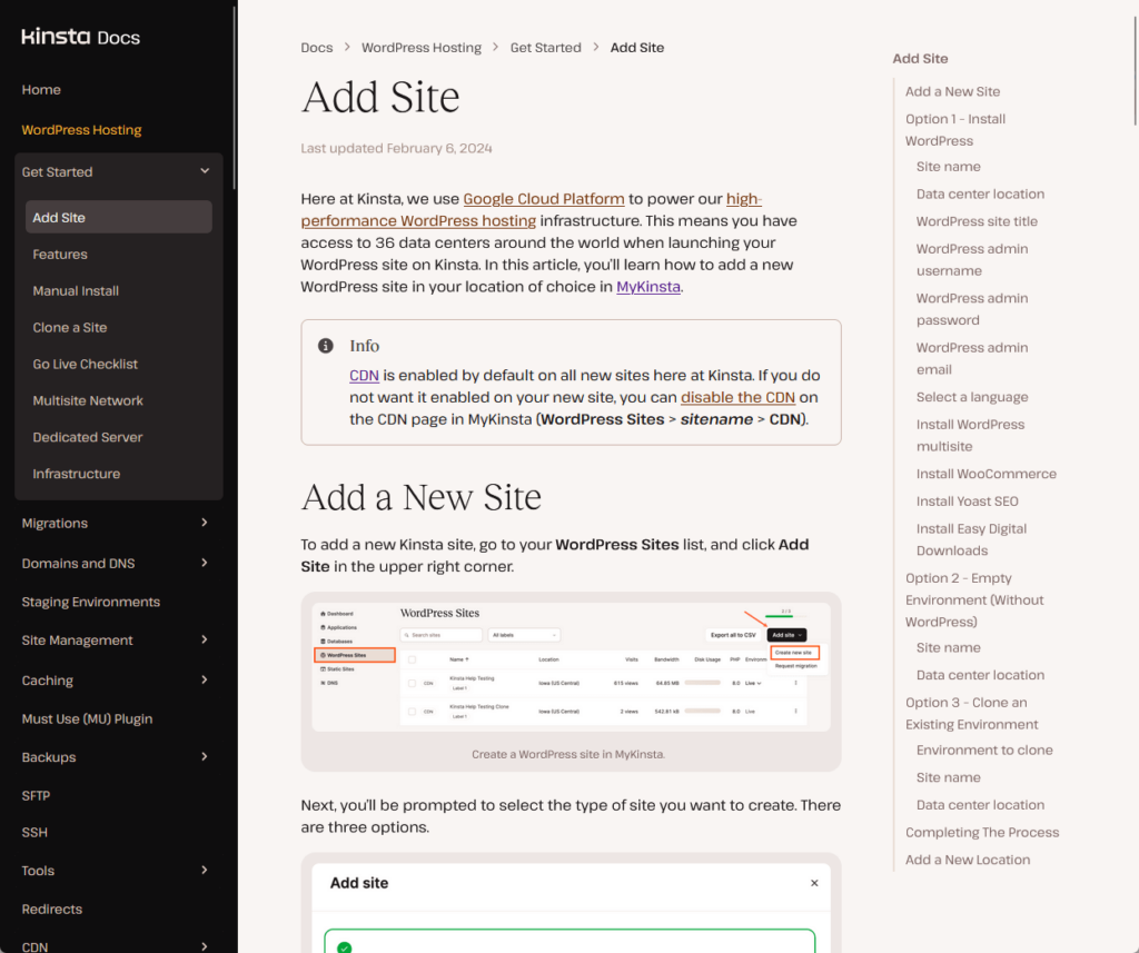 add site kinsta documentation