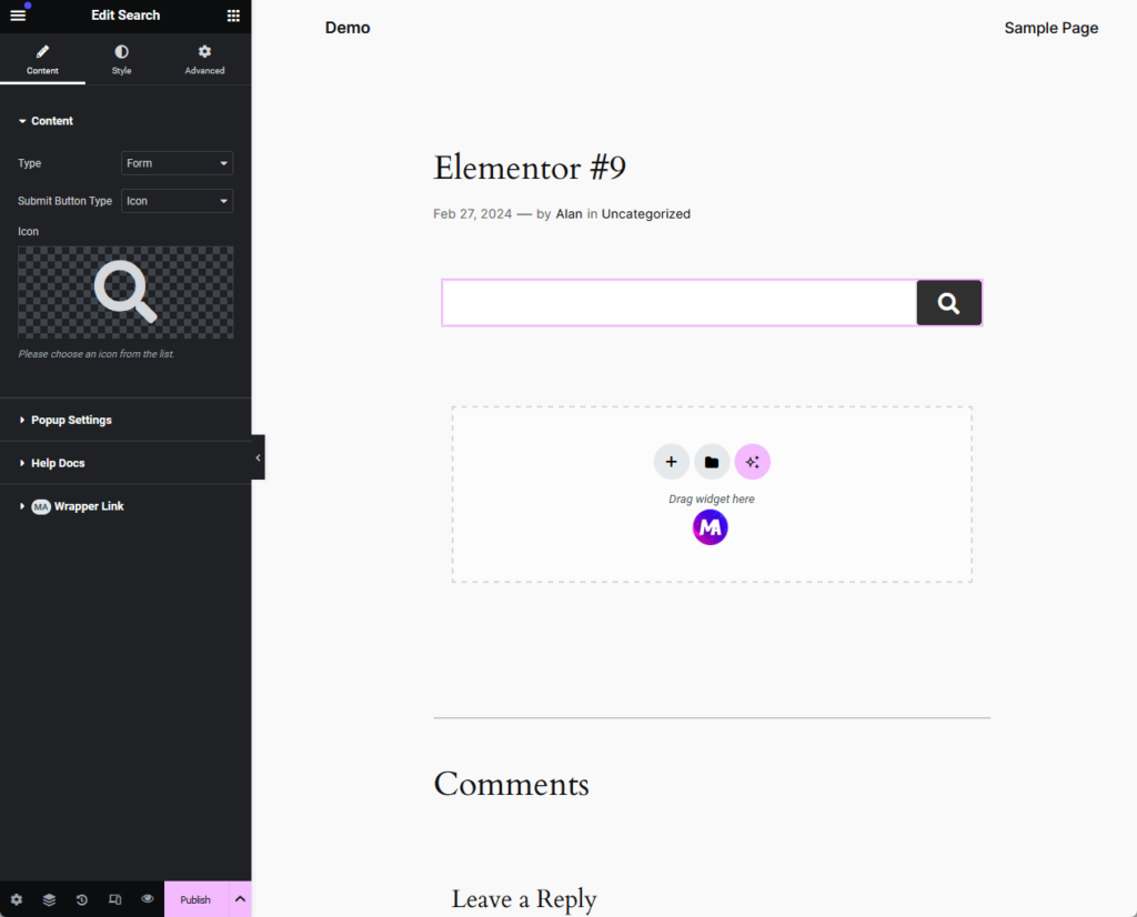 content configuration of the search widget from master addons