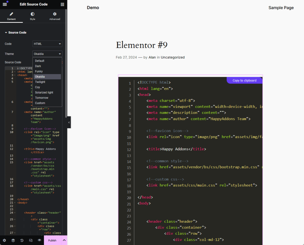 content configuration of the source code widget from master addons