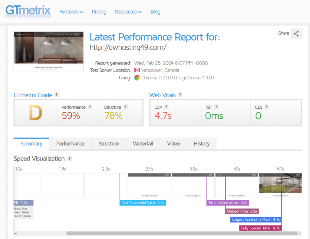 Bridge GTmetrix report one