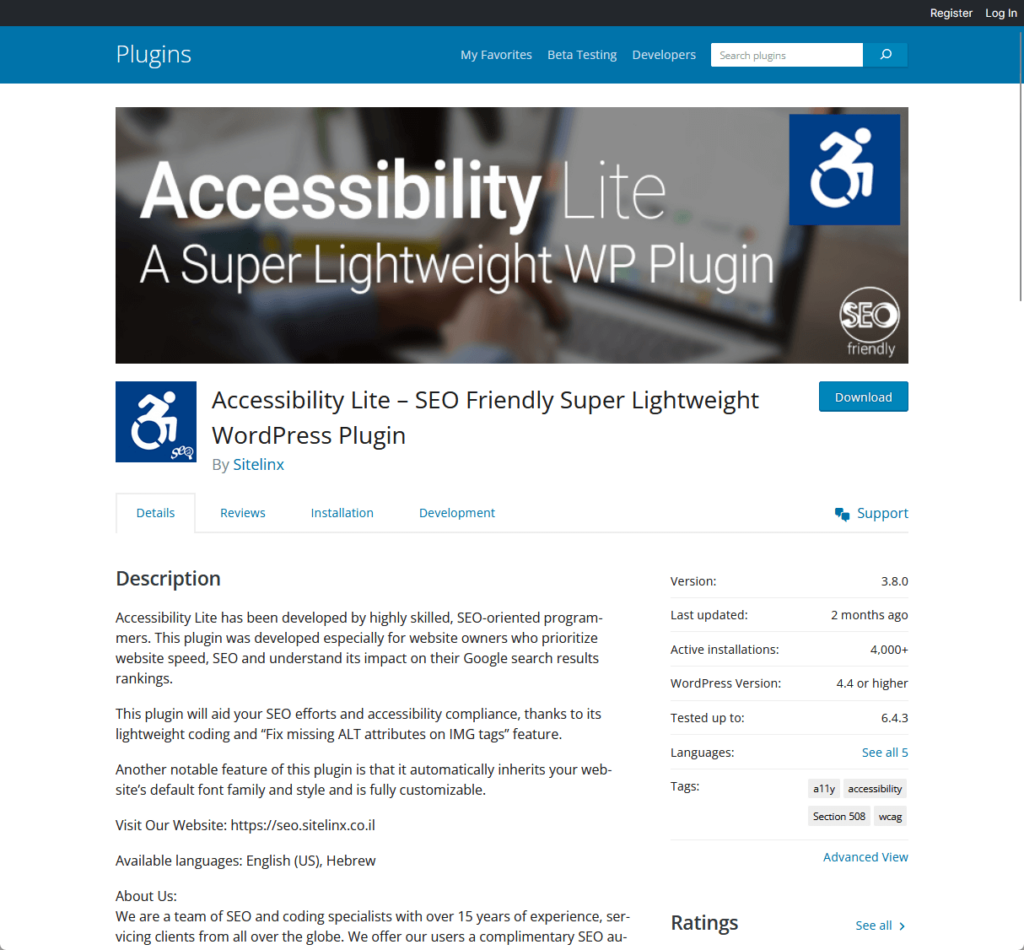 Accessibility Lite β SEO Friendly Super Lightweight WordPress Plugin by Sitelinx