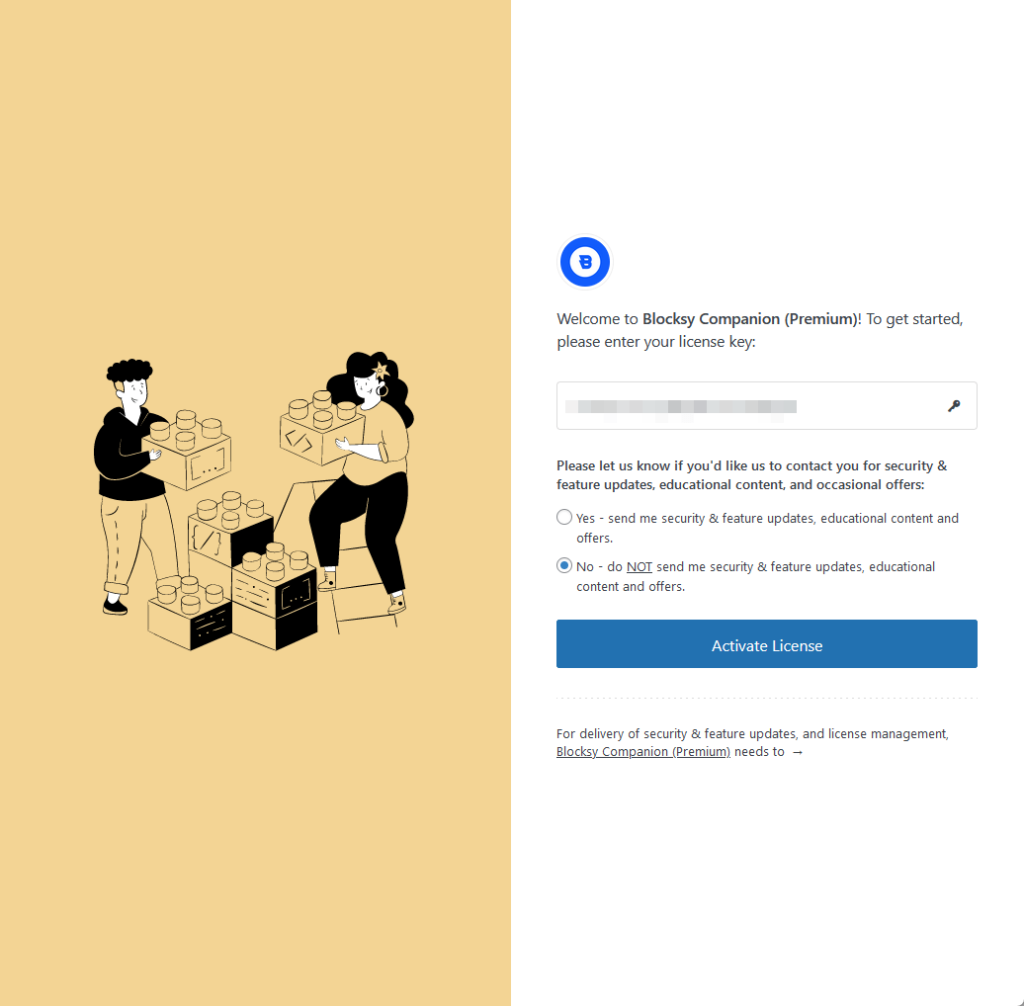 enter the license key of the blocksy pro plugin