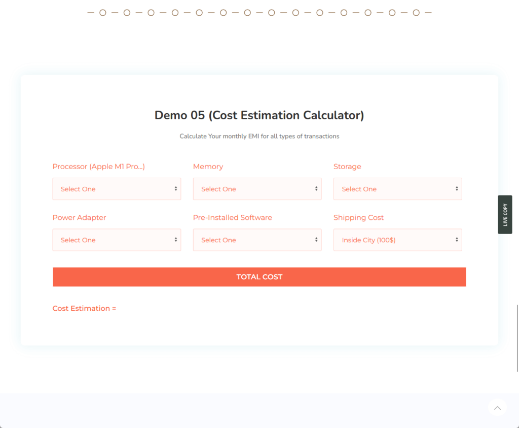 cost estimation calculator demo from element pack