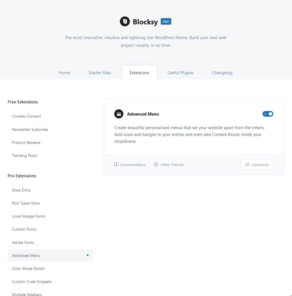 enabled advanced menu extension in blocksy pro