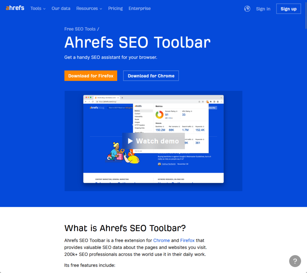 Ahrefs SEO Toolbar: Get a handy SEO assistant for your browser.