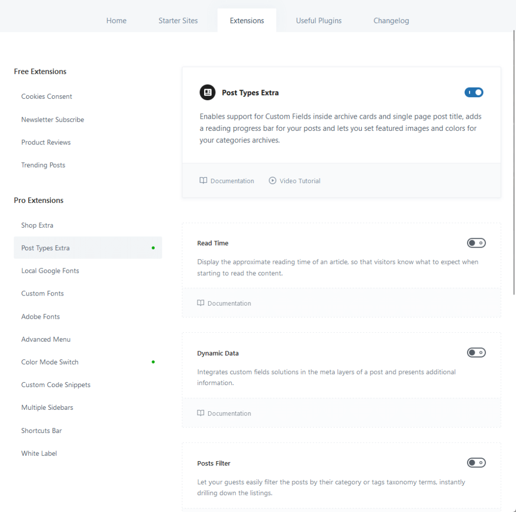 all the blocksy theme free and pro extensions in the blocksy theme